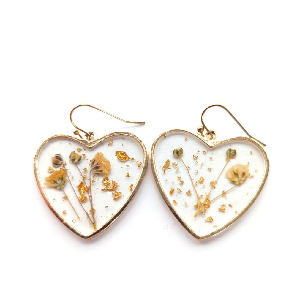 Artisan Made Pressed Flowers in Clear Resin Hearts Gold Leaf Flecks Earrings
